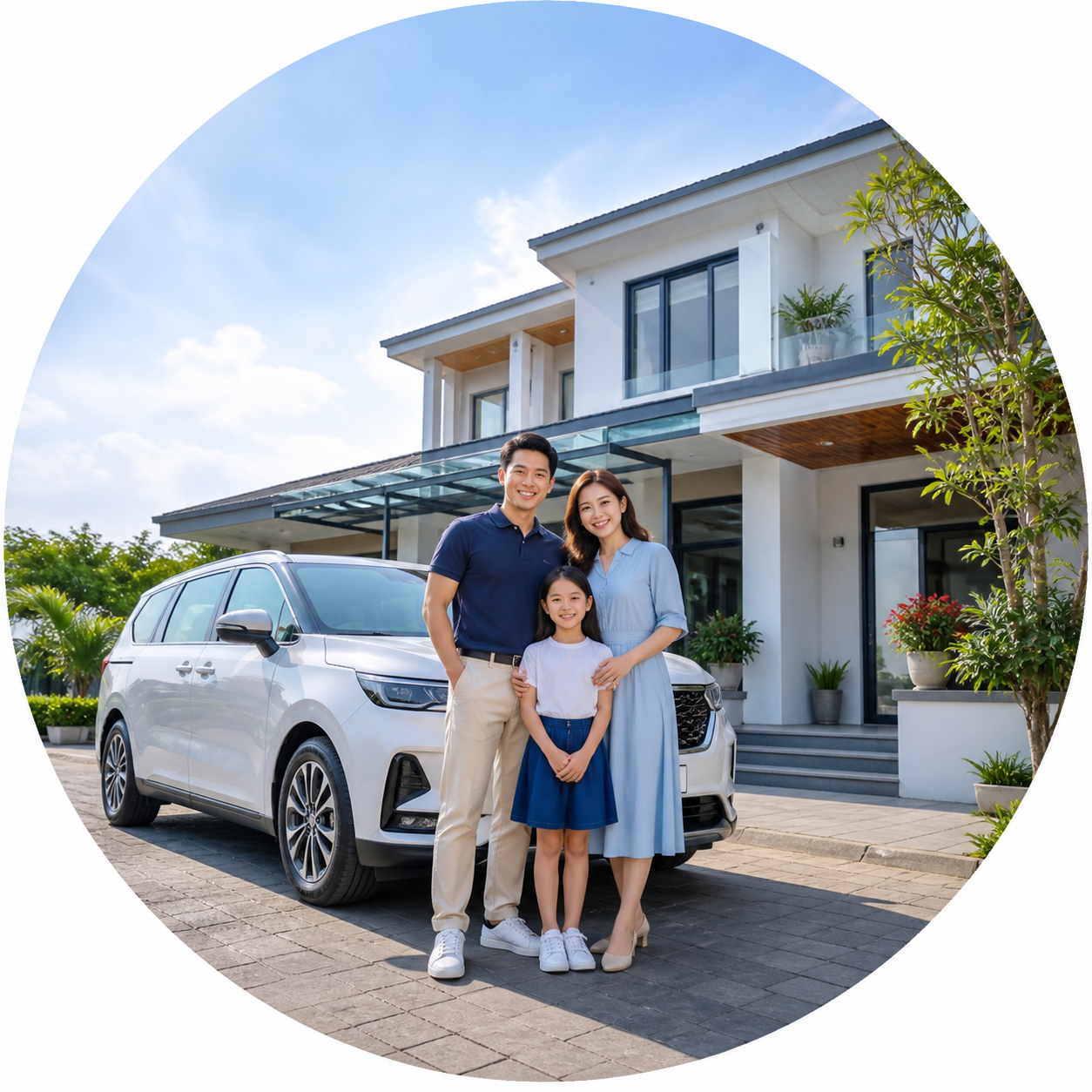 Gia đình Việt Nam bên ngôi nhà và xe ô tô